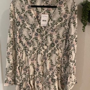 Free People Ivory Comb Long Sleeve Floral Dress Tie Waist